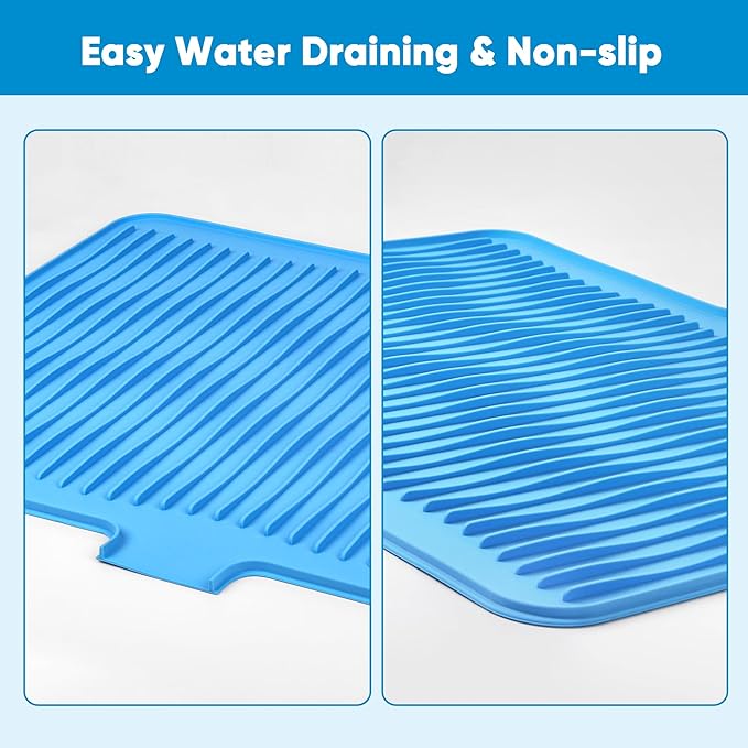 Silicone Dish Drying Mat for Kitchen Counter, Non-slip Surface and Heat-resistant Food Grade Kitchen Counter Protector with Drain Lip, Easy Clean and Storage for Multiple Usage, 23*17 inch Large Size