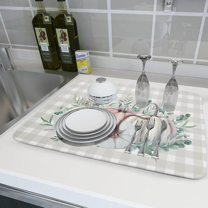 Fall Colorful Pumpkin Dish Drying Mat for Kitchen Counter,Green Leaves Drying Mat with Hanging Loop 18 x 24 Inch Microfiber Grey White Check Plaids Dish Drying Pad Dish Rack Drainer Mat for Coffee Bar