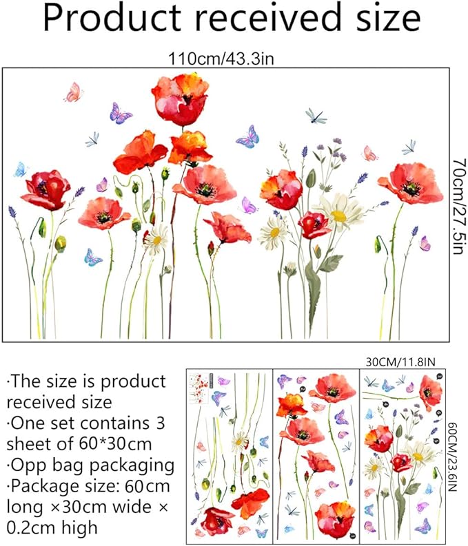 Watercolor Wall Stickers Red Flower Decal Removable Waterproof Wall Art Decor for Bedroom Living Room Offices Home Decoration
