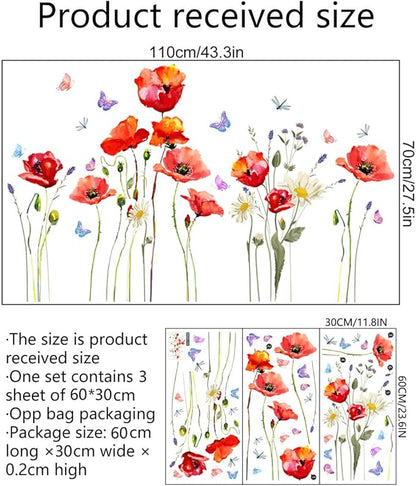 Watercolor Wall Stickers Red Flower Decal Removable Waterproof Wall Art Decor for Bedroom Living Room Offices Home Decoration