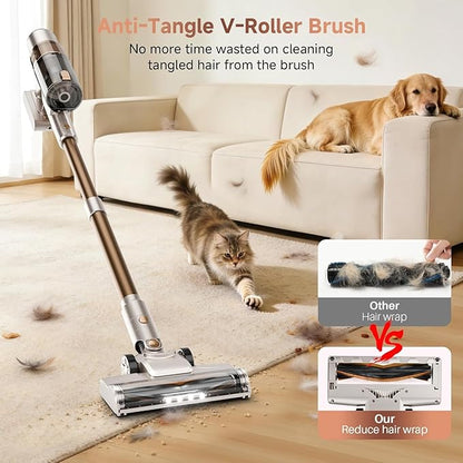 Cordless Vacuum Cleaner: Portable 6-in-1 Stick Vacuum with Anti-Tangle Brush, LED Headlight, Self-Standing, HD Display, Rechargeable Vacuum for Pet Hair, Low-Pile Carpet and Hardwood Floor-Off White