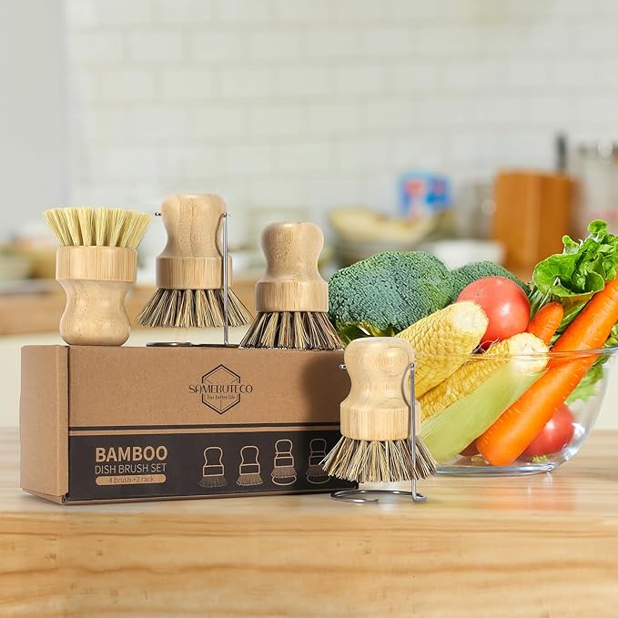 SAMEBUETCO 6-Piece Bamboo Dish Brush Set with 2 Stainless Steel Drying Racks, 3 Mixed Fiber Pot Brushes & 1 Sisal Bristle Brush for Dishes, Pots, Pans, Vegetables & Kitchen Cleaning