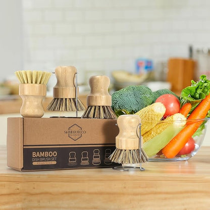SAMEBUETCO 6-Piece Bamboo Dish Brush Set with 2 Stainless Steel Drying Racks, 3 Mixed Fiber Pot Brushes & 1 Sisal Bristle Brush for Dishes, Pots, Pans, Vegetables & Kitchen Cleaning