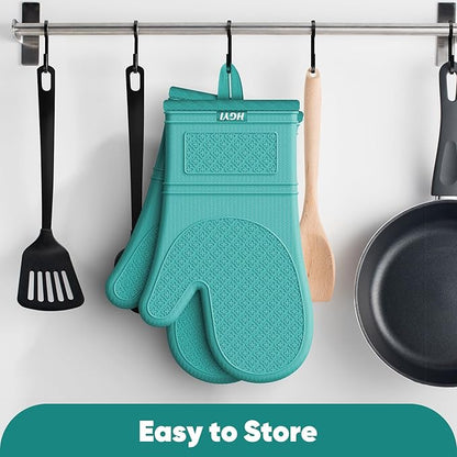 Silicone Oven Mitts, Heat Resistant Oven Gloves with Quilted Liner, Waterproof & Non-Slip Kitchen Mittens for Baking Cooking BBQ, 500°F, 12.5"-Aqua Sky