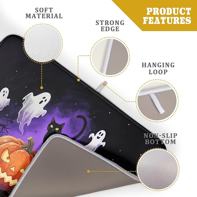 Halloween Ghost Pumpkin Dish Drying Mat for Kitchen Counter 18x24 Black Cat Holiday Scary Theme Absorbent Reversible Microfiber Drying Mats Kitchen Countertop Protector Dishes Drainer Pad