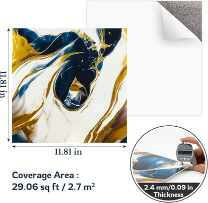 Peel and Stick Wall Panels, Self-Adhesive Waterproof Tile Look Wallpaper, Blue and Gold Marble Design, 2.4mm Thick, 30 Sheets