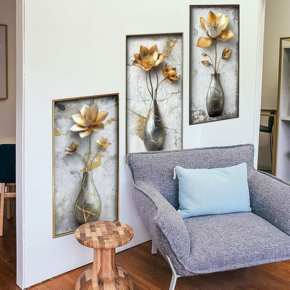 Runtoo 3D Flower Wall Art Stickers Gold Floral Vase Wall Decals Peel and Stick Living Room Bedroom Office Home Decor