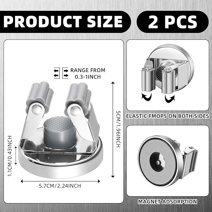 Vercraft 2 Pcs Magnetic Mop Broom Holder Movable Magnetic Broom Holder Rack, Anti Slip Wall Mounted Utility for Cleaning Tools, Garage, Kitchen, Laundry, Garden (Silver)