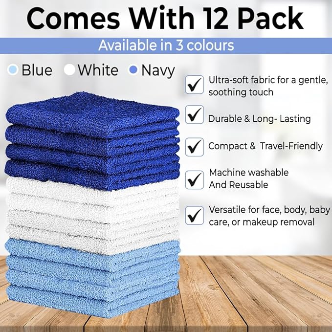 100% Cotton Washcloth Set – Soft, Absorbent Face Towels for Bathroom & Gym Use – Durable & Reusable Wash Cloths - (Blue, White and Navy (12x12), (Pack of 12)