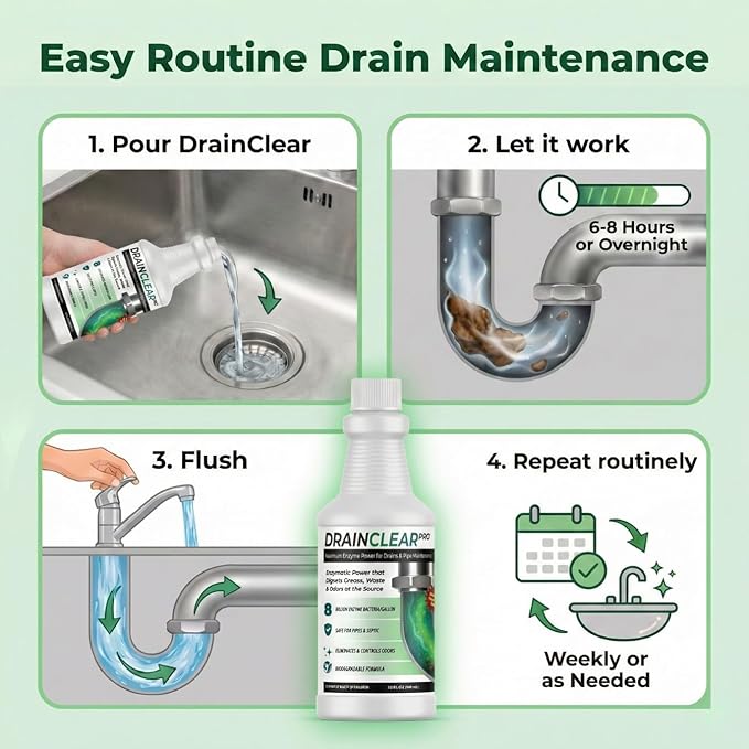 DrainClear Pro Enzyme Drain Cleaner 32oz - Enzymatic Formula Digests Grease, Waste & Odors - Safe for Pipes and Septic Systems - Biodegradable Drain Treatment for Home & Commercial Use