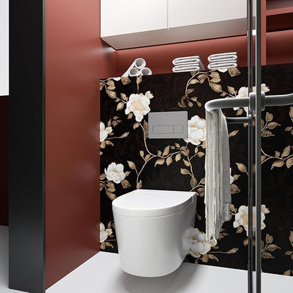 Laatse Black Golden Floral Peel and Stick Wallpaper Flowers Contact Paper 17.5" x 197" Self Adhesive Waterproof Vintage Dark Floral Wall Paper for Shelf Liner Cabinet Decor
