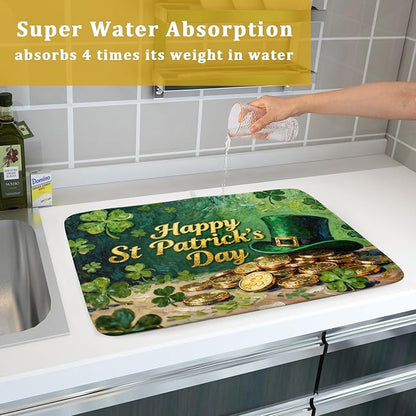 St Patrick's Day Dish Drying Mat for Kitchen Counter 18x24 Gold Green Lucky Clover Hat Coin Happy Holiday Absorbent Reversible Microfiber Drying Mats Kitchen Countertop Protector Dishes Drainer Pad
