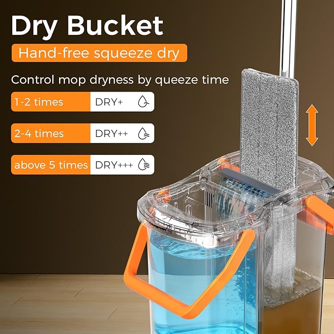 Mop and Bucket Set with Detachable Space-Saving Bucket, Mop for Floor Cleaning with Wringer, Wall Mop with 360° Rotating Mop Head, 2 Reusable Microfiber Mop Pads