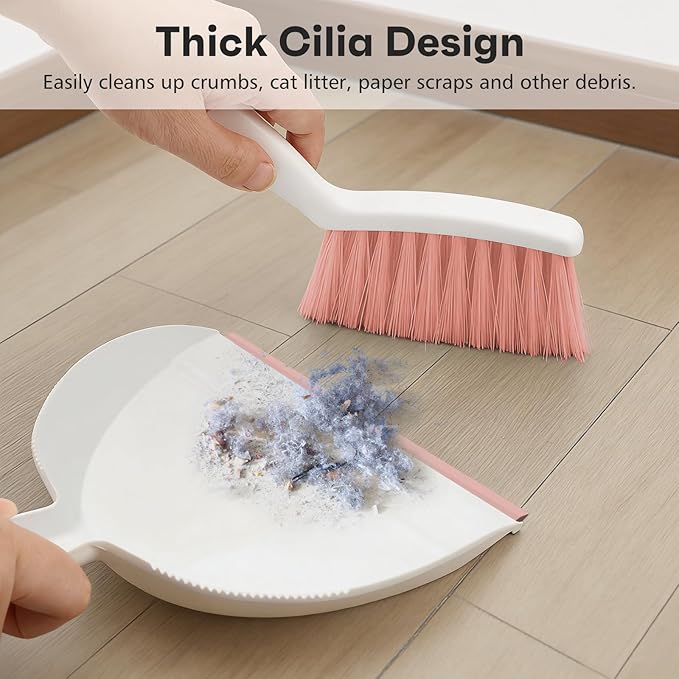 NACENA Handheld Dustpan and Broom Set – Mini Compact Brush Combo for Desktop, Sofa, Car & Kitchen Crumbs Small Cleaning Tool with Stiff Bristles, Pink