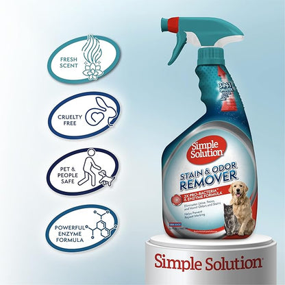 Simple Solution Stain and Odor Eliminator Spray, Enzyme Carpet Cleaner for Dogs and Cats, Pet Stain Remover and Urine Odor Eliminator, Multi Surface Pet Cleaning Solution, 32 oz (Pack of 2)
