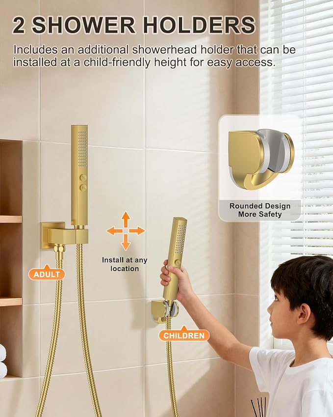 Brushed Gold Shower System with Tub Spout, Wall Mounted Bathtub Shower Faucet Set, 12" Rainfall Shower Head and Handheld Shower Combo, High Pressure Shower Fixtures Set with Rough-in Valve