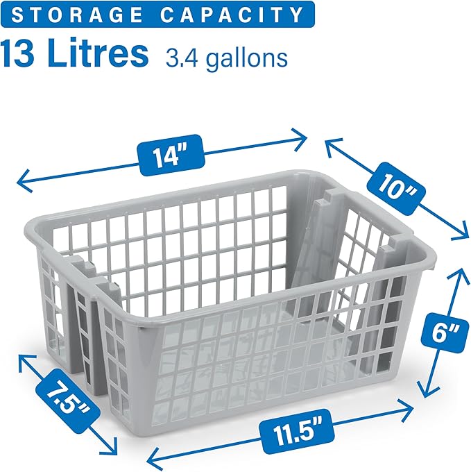 DecorRack Plastic Storage Basket, 13L Bathroom Storage Organizer Bin for Laundry Closet, Pantry or Office with Built In Handles,Gray (2 Pack)