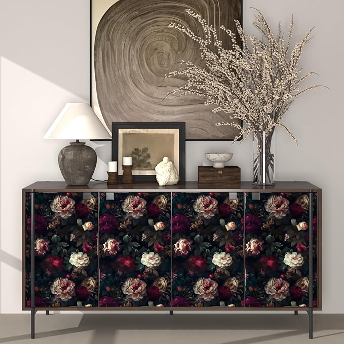 Fvlow Dark Flower Wallpaper Black Floral Peel and Stick Wall Paper 17.4" x 118" Vintage Romantic Contact Paper Waterproof Self Adhesive Goth Witchy Covering for Bedroom Cabinet Bathroom Home Decor Red