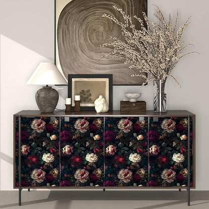 Fvlow Dark Flower Wallpaper Black Floral Peel and Stick Wall Paper 17.4" x 118" Vintage Romantic Contact Paper Waterproof Self Adhesive Goth Witchy Covering for Bedroom Cabinet Bathroom Home Decor Red