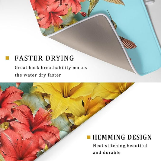 Kawani Spring Hummingbirds Floral Dish Drying Mat for Kitchen Counter 18x24 In Spring Hibiscus Tropical Drying Mat Fast Dry Absorbent Microfiber Dish Drainer Rack Pad Flower Mat for Countertop Decor