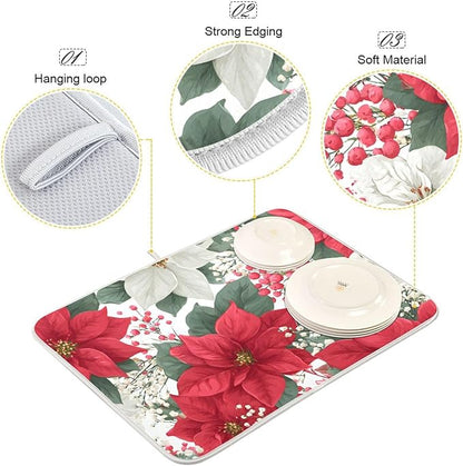 Red Poinsettias and Leaves Dish Drying Mat for Kitchen Counter Super Absorbent Drying Mat 16x18 inch Large Dish Drying Matts for Countertop Protector Dishes Pad