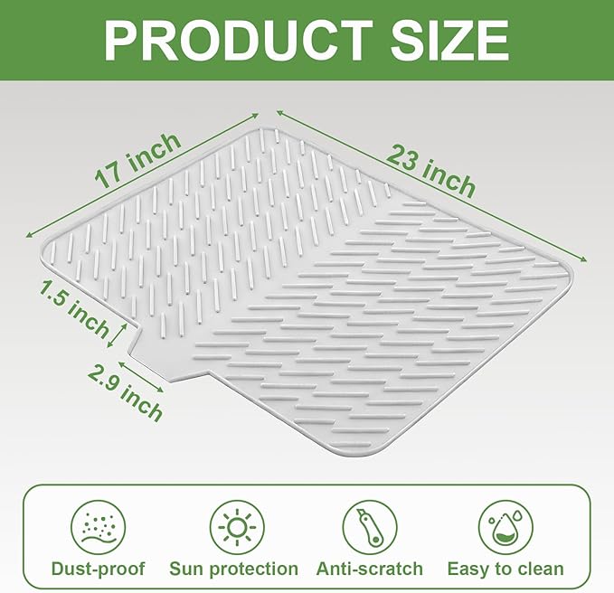 Silicone Drying Mat, 23"X17" With Built-in Drain Lip,Heat-Resistant,Eco-friendly,Hygienic Drying Pad,Leak-Proof and Non-Slip,Silicone Dish Drying Mat for Kitchen Counter or Sink（White 23X17）