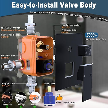 Enga 12 Inch Ceiling Mount Matte Black Shower System with Body Jets Bathroom Luxury Rain Mixer Shower Combo Set Ceiling Rainfall Shower Jets System Faucet Rough-in Valve and Trim Included