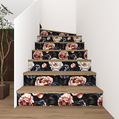 Fvlow Vintage Floral Wallpaper Peel and Stick Dark Black White Red Rose Flowers Wall Paper 17.4" x 394" Waterproof Self Adhesive Removable Contact Paper for Bedroom Cabinets Table Drawers Home Decor