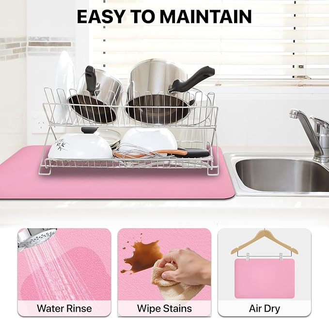 Coffee Mat Absorbent Dish Drying Mat for Kitchen Counter ,Match with Coffee Machine Drying Mats for Kitchen Counter, Hide Stain Nop-Slip Rubber Backed,16"x24",Pink