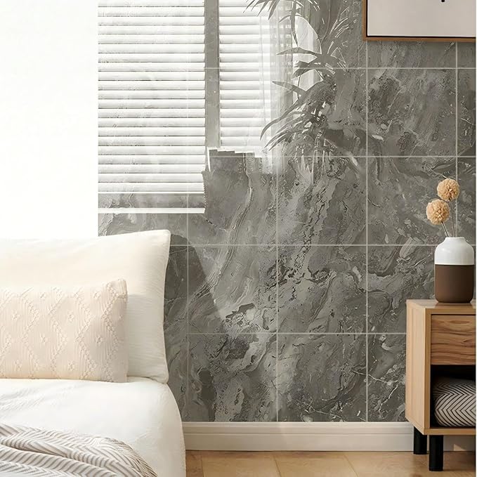 Chejiaye 22pcs Marble Peel and Stick Backsplash Waterproof Washroom Wall Panels, Peel and Stick Tile, PVC Foam Wall Panels for Kitchen,Bathroom,Living Room,Grey (Not Real Tile,11.8" x 11.8")
