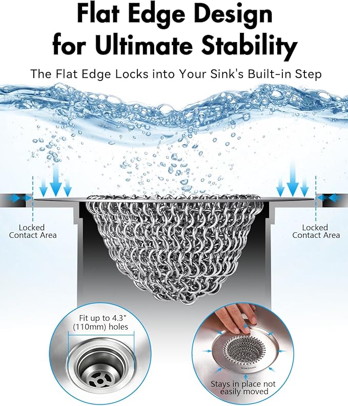Wokdada Sink Drain Strainer, Reversible No Clog Mesh Kitchen Sink Drain Strainer, 304 Stainless Steel & Rust-Proof/Masterfully Handcrafted, Easy Clean, Dishwasher Safe, Fits Standard Sink Drain
