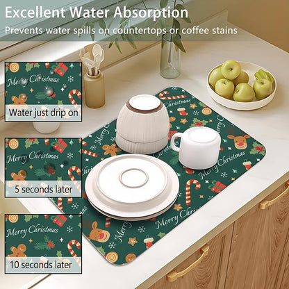 Christmas Dish Drying Mat for Kitchen Counter 2 Pack with Non-Slip Rubber Backing - Absorbent Coffee Bar Mat, Dish Rack Mat, Christmas Gingerbread Man Candy Cane Dish Drying Mats 18x24+19.5x12 inch