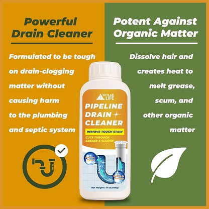 Skylarlife Concentrated Pipeline Drain Cleaner Powder, Drain Clog Remover, Remove Grease and Soap Scum Dissolver for Bathroom, Kitchen, Shower, Sink and Toilet, Safe for Pipes & Septic Systems, 17 oz