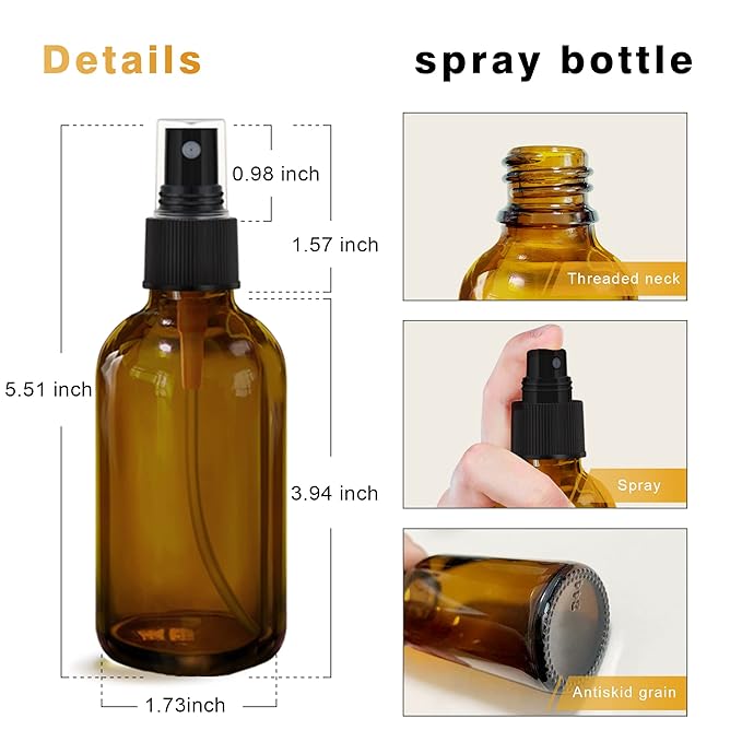GIVAMEIHF Amber Glass Spray Bottles 4oz,Small Empty Glass Spray Bottle Fine Mist Spray Refillable Containers,Mini Travel Spray Bottles set of 4,Included 6 Sprinkler,2 Funnels,1 Droppers,8 Labels