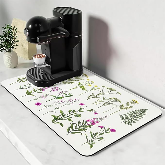 Bloss Dish Drying Mat, Spring Flower Printed Coffee Bar Mat, Kitchen Counter Mat, Hide Stain Rubber Backed Dish Drying Pad/Spring Decor for Desk(16.1"x24.1", 2-Row Flower)