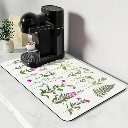 Bloss Dish Drying Mat, Spring Flower Printed Coffee Bar Mat, Kitchen Counter Mat, Hide Stain Rubber Backed Dish Drying Pad/Spring Decor for Desk(16.1"x24.1", 2-Row Flower)