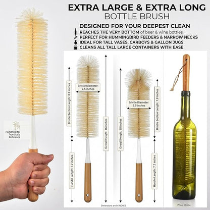 ALINK Extra Large Long Bottle Brush Set - 16" / 15" Long Bamboo Handle Bottle Cleaner for Narrow Neck Beer Wine Bottles, Decanter, Tumblers, Thermos, Jugs with Straw Brush, Kettle Spout/Lid Brush