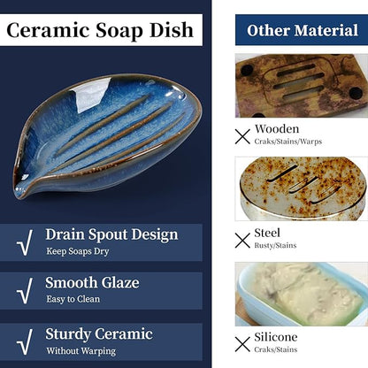 Soap Dish, Self-Draining Soap Holder, Leaf Shape Ceramic Bar Soap Holder Drain Soap Dishes for Bathroom Sink Kitchen, Easy to Clean Keeps Soap Dry, Blue, ANTIS'S HOME