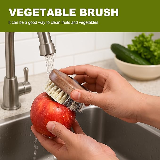 Fruit & Vegetable Cleaning Brush with Acacia Wooden Handle, Dual Bristle Produce Scrubber with Sisal and Palm Fibers, Oval Easy-Grip Design, Single Brush with Box,Brown
