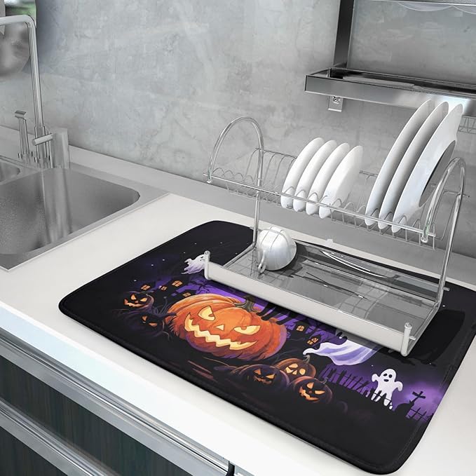 Halloween Ghost Pumpkin Dish Drying Mat for Kitchen Counter 18x24 Black Cat Holiday Scary Theme Absorbent Reversible Microfiber Drying Mats Kitchen Countertop Protector Dishes Drainer Pad