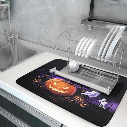 Halloween Ghost Pumpkin Dish Drying Mat for Kitchen Counter 18x24 Black Cat Holiday Scary Theme Absorbent Reversible Microfiber Drying Mats Kitchen Countertop Protector Dishes Drainer Pad