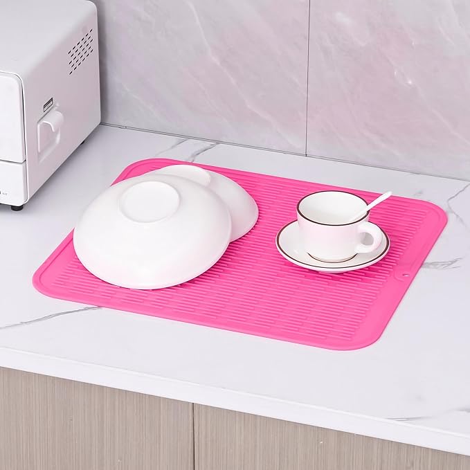 MicoYang Silicone Dish Drying Mat for Multiple Usage,Easy clean,Eco-friendly,Heat-resistant Silicone Mat for Kitchen Counter or Sink,Refrigerator or Drawer Liner Rose XL 18 inches x 16 inches