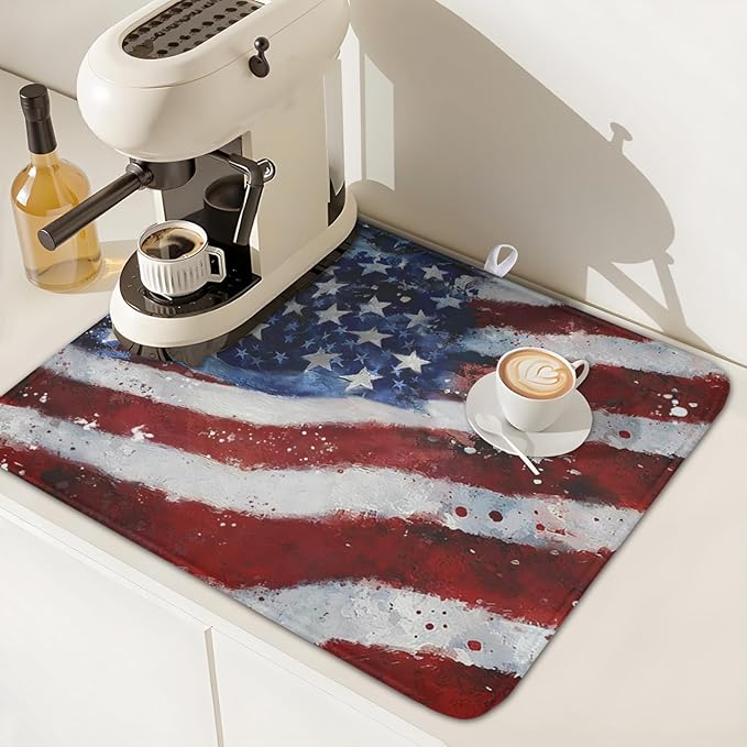 4th of July Dish Drying Mat 18x16 Inch, Patriotic Drying Mat with Absorbent Reversible Microfiber, Independence Day Dish Drainer Mats Memorial Day Rack Pad for Coffee Countertop Kitchen Protector
