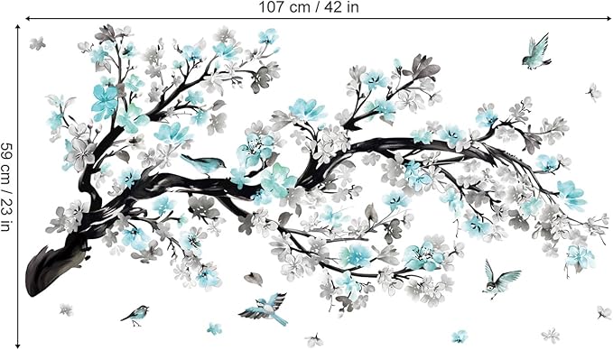 wondever Watercolor Blue Flower Branch Wall Stickers Blossom Tree Floral Birds Peel and Stick Wall Art Decals for Living Room Bedroom Sofa Background