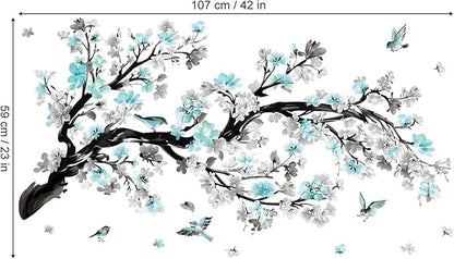 wondever Watercolor Blue Flower Branch Wall Stickers Blossom Tree Floral Birds Peel and Stick Wall Art Decals for Living Room Bedroom Sofa Background