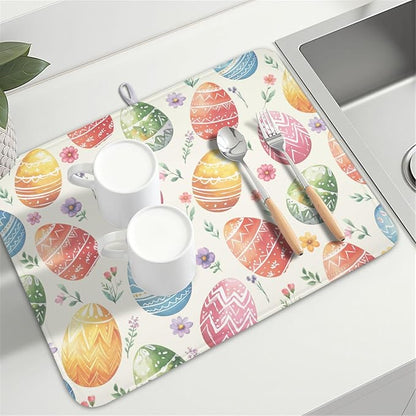 Easter Dish Drying Mat for Kitchen Counter Colorful Easter Eggs Floral Pattern Drying Mat 18x24 Inch Spring Holiday Absorbent Dish Drainer Mat Kitchen Accessories