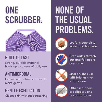 Sud Scrub® Antimicrobial Silicone Body Scrubber, Exfoliating Body Brush for Sensitive Skin, Antibacterial Shower Scrubber for Body, Bathroom Essentials for Men & Women, Purple