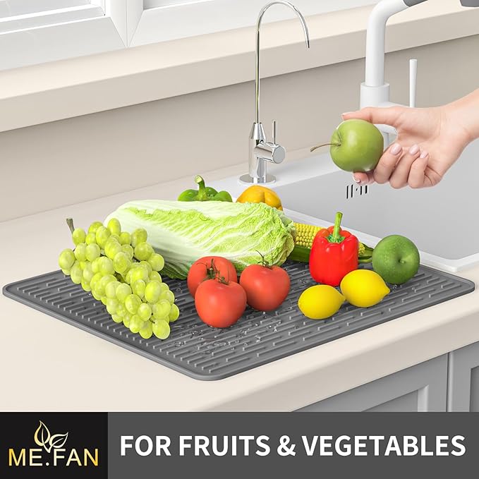ME.FAN Silicone Dish Drying Mat for Kitchen Counter, Dish Drying Pad for Sink, Refrigerator or Drawer, Countertop Protection Pad XL - 23''×17'' - Grey