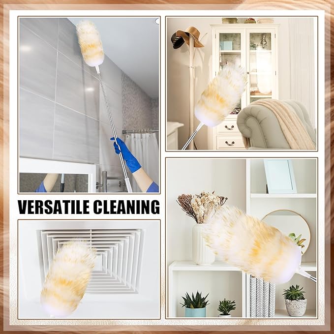 Remerry Extendable Lambswool Cleaning Duster 30-96 Inch, Wall Duster Cleaner with Stainless Steel Extension Pole for High Ceiling Fan, Interior, and Roof Dusting