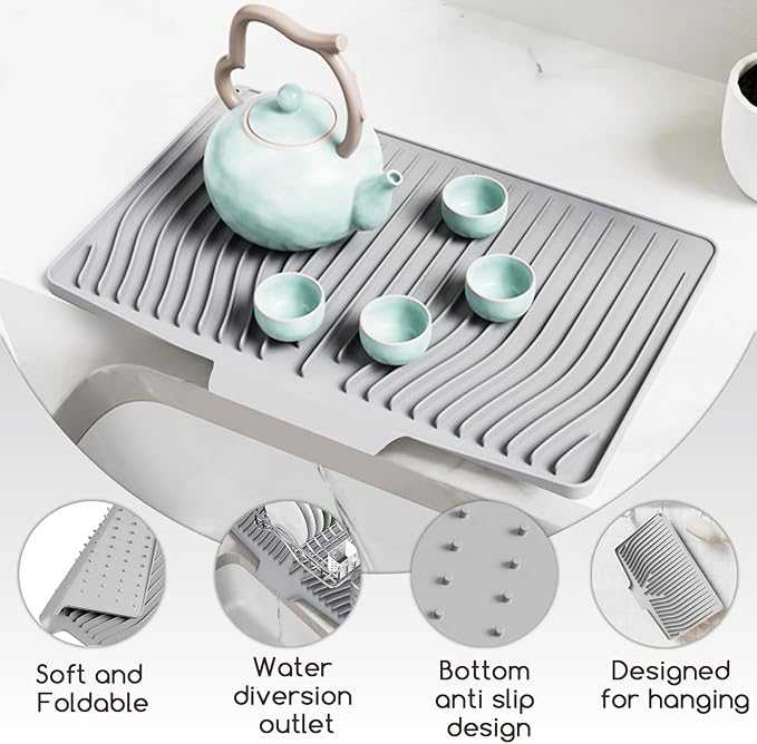Large Premium Silicone Dish Drainers for Kitchen Counter - 18.5"x13" Non-Slip, Heat-Resistant (450°F) with Hanging Hole, Multi-Use Dish Rack Mat (Gray)